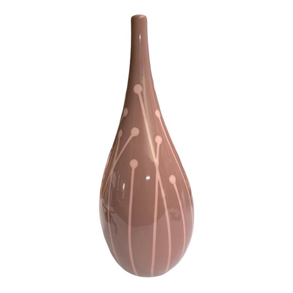 Vintage MCM Ceramic Teardrop Vase with Mod Botanical Design, 12x5 Mauve and Pink - Picture 3 of 11